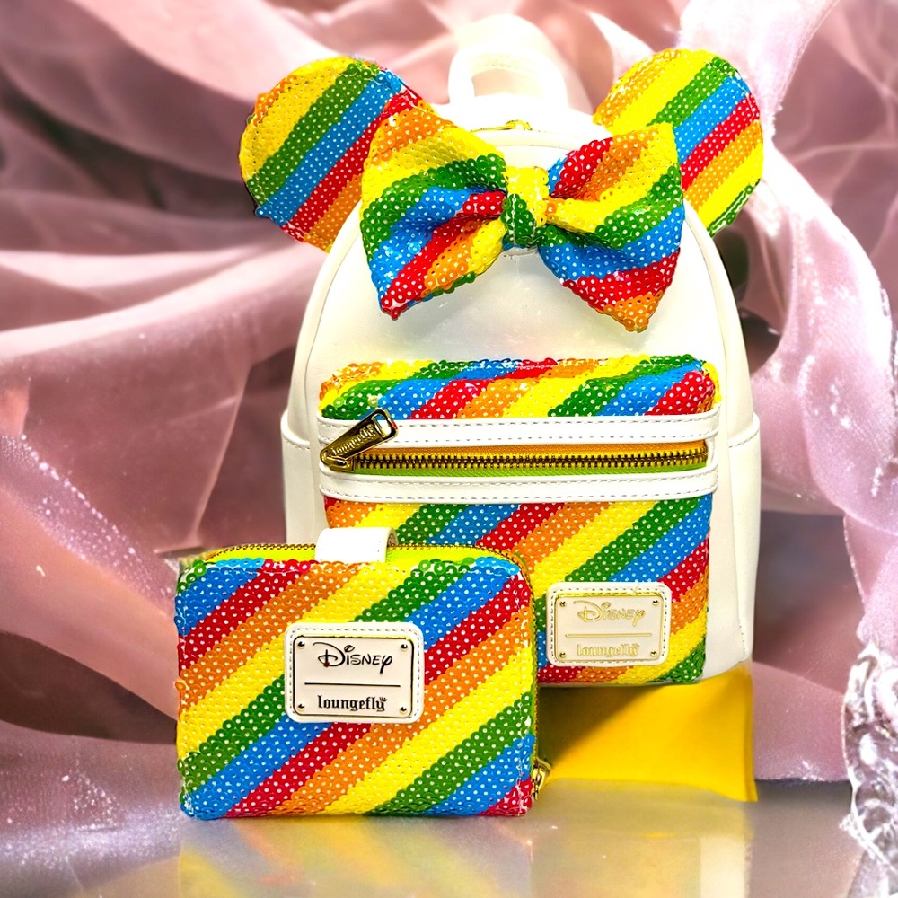Loungefly Disney sequin rainbow Minnie mini backpack  and Matching Zip Wallet